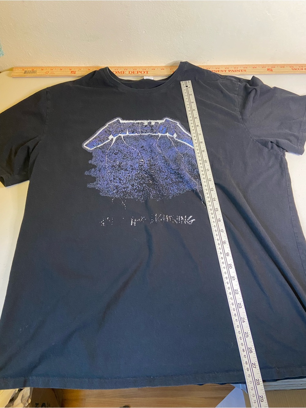 Black Short-Sleeve Graphic Tee with Faded Blue Band Logo - Picture 1 of 5